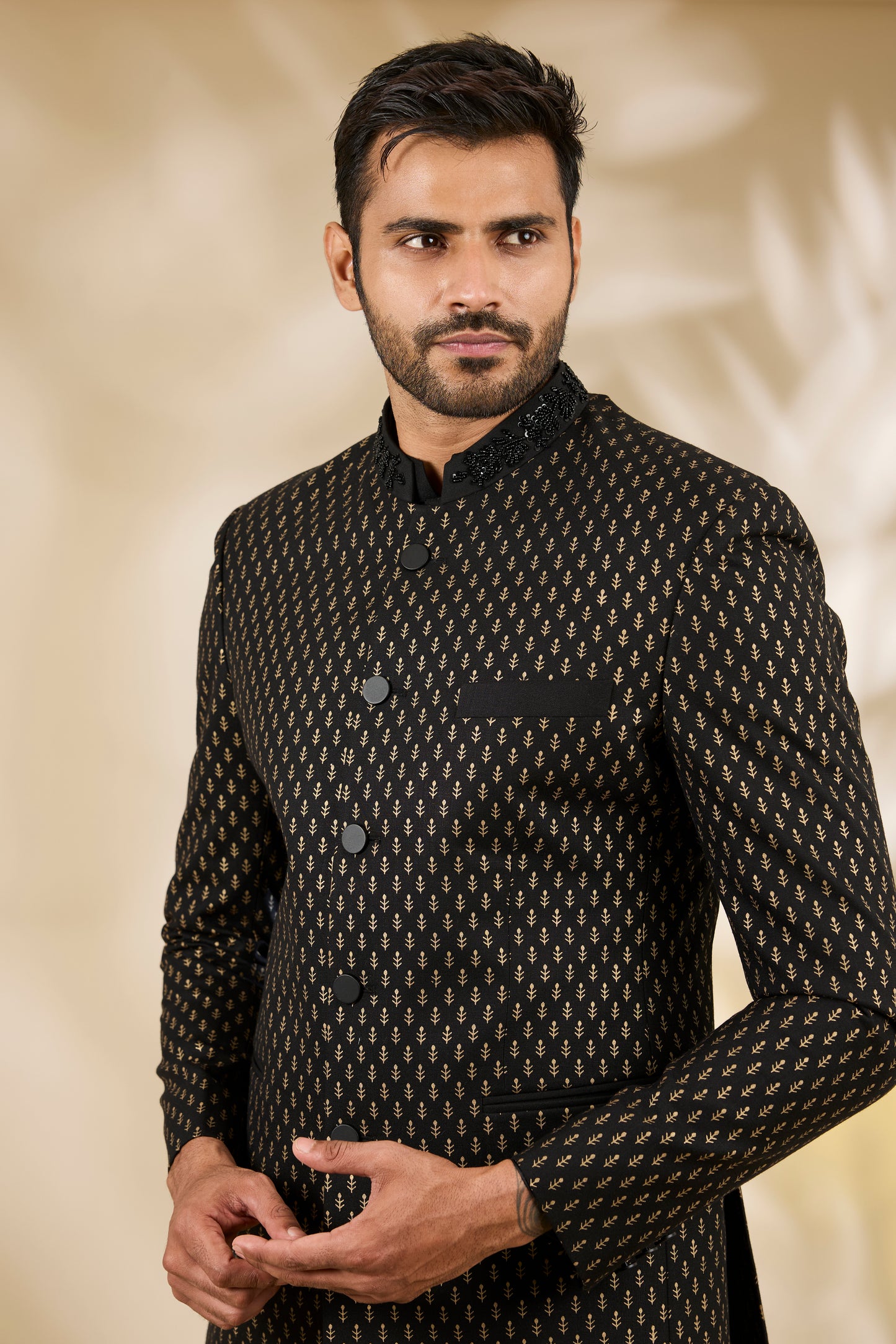 Black Silk Flower Print Bandhgala And Kurta Set
