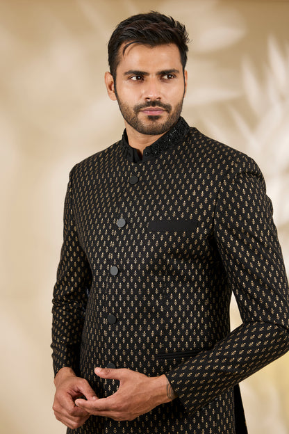 Black Silk Flower Print Bandhgala And Kurta Set