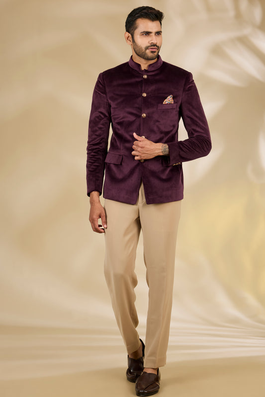 Wine Velvet Bandhgala Set