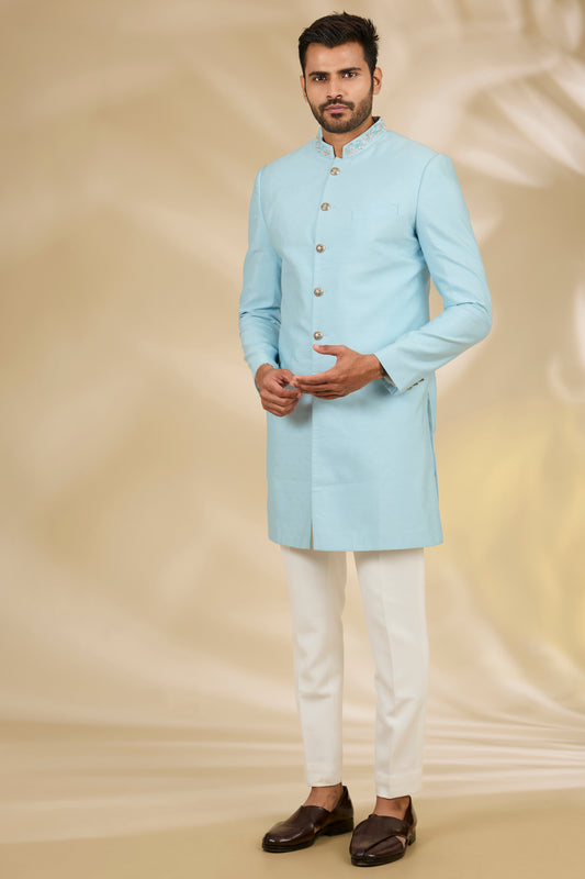 Blue Viscose, Brocade Embroidery Sherwani Set