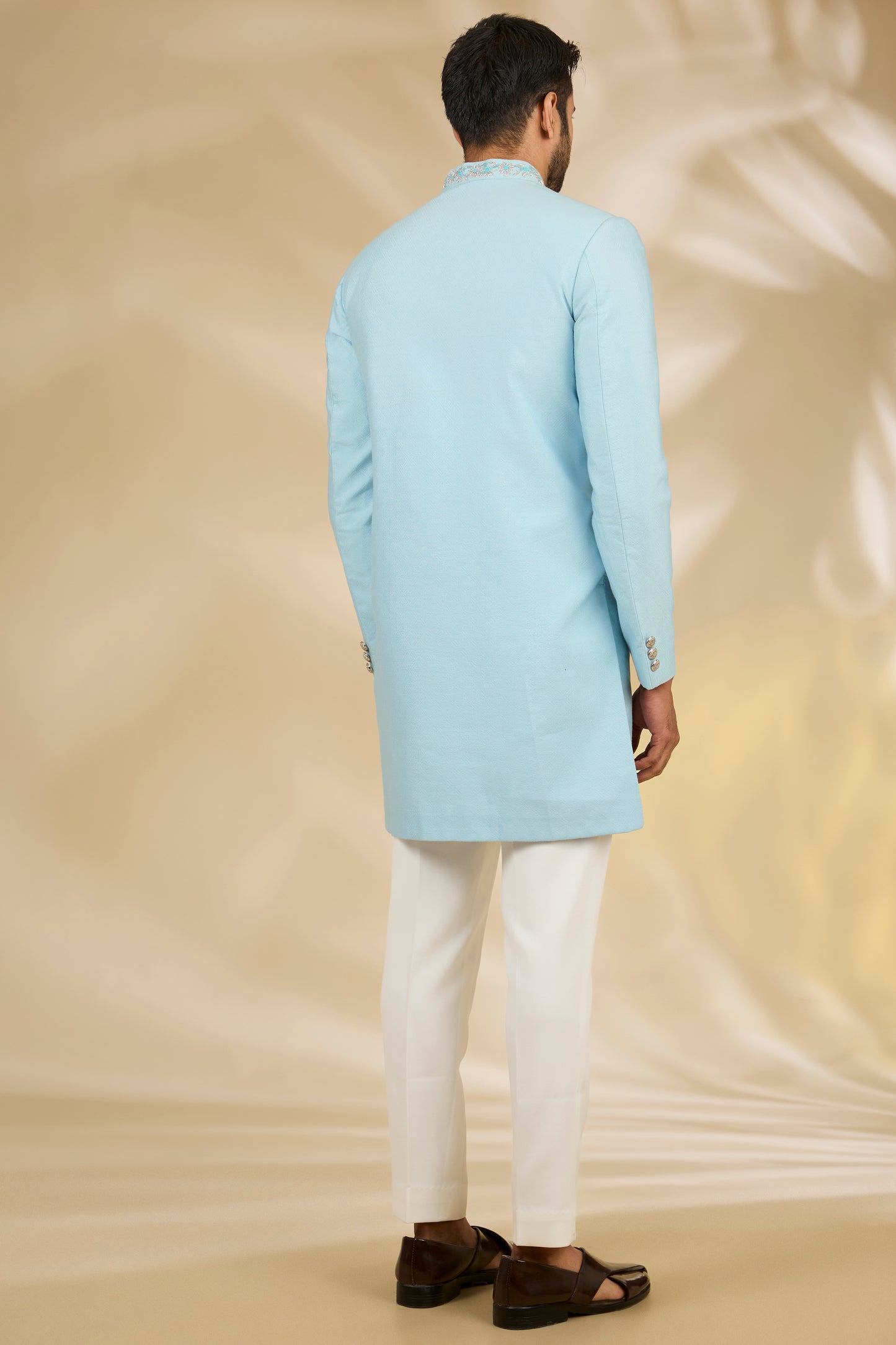 Blue Viscose, Brocade Embroidery Sherwani Set