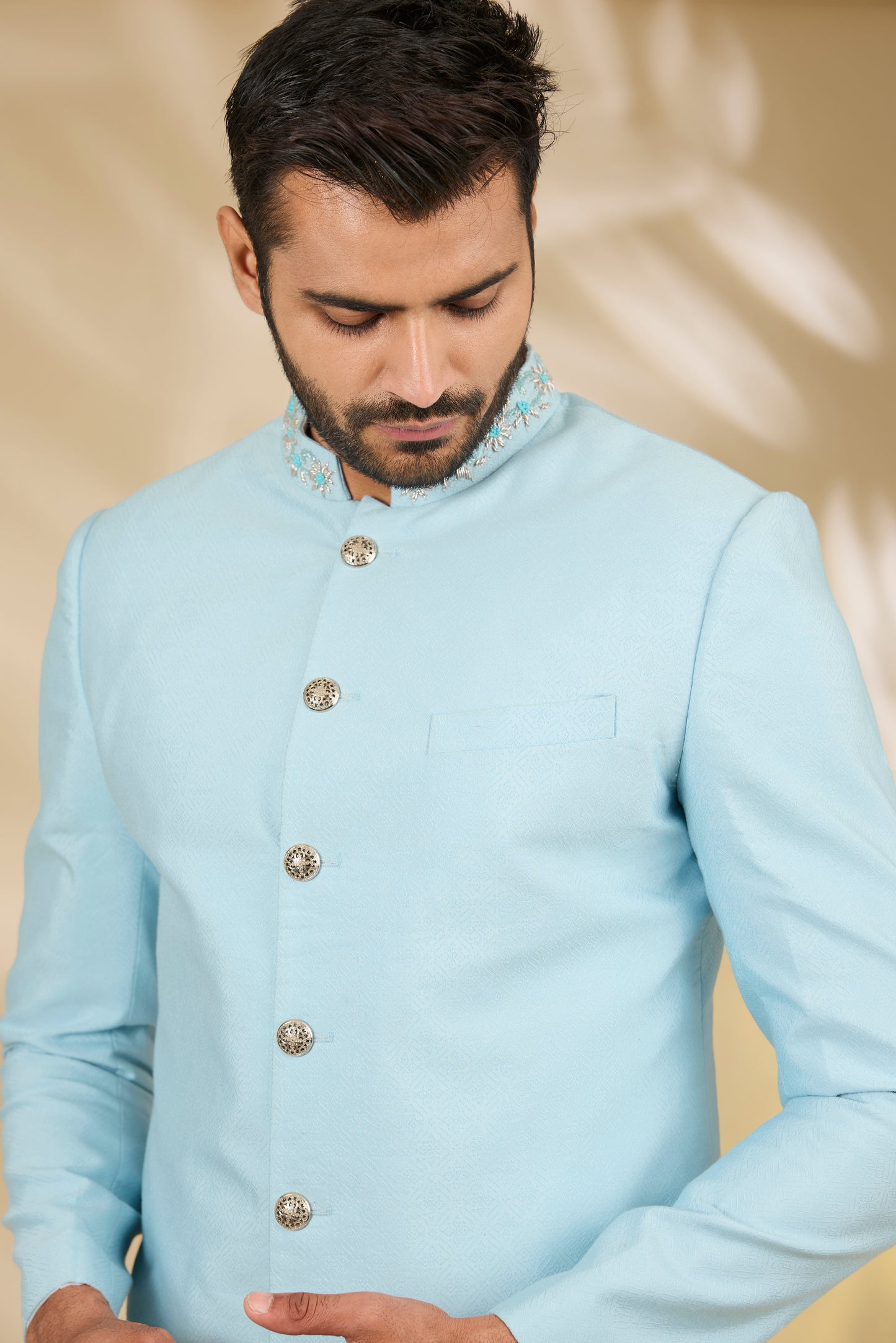 Blue Viscose, Brocade Embroidery Sherwani Set