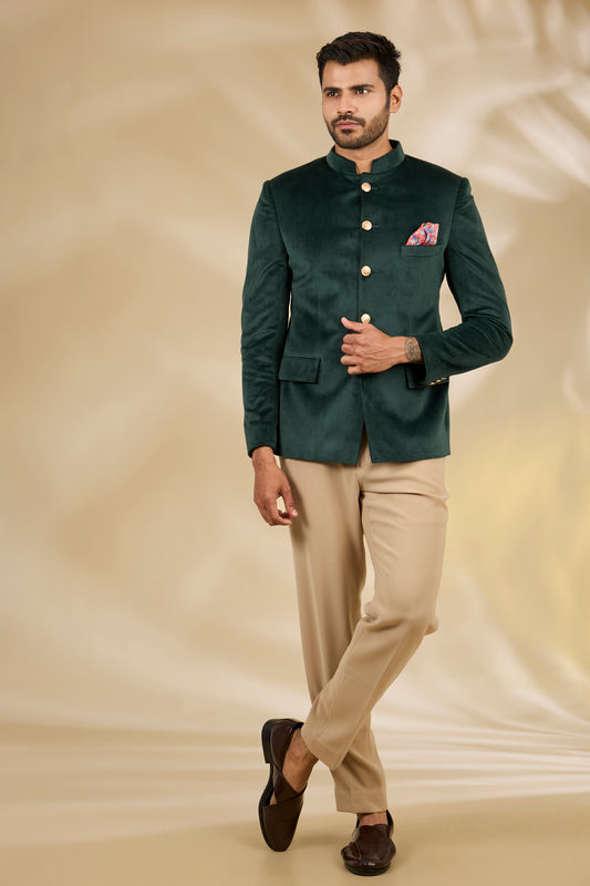 Green Velvet Bandhgala Set