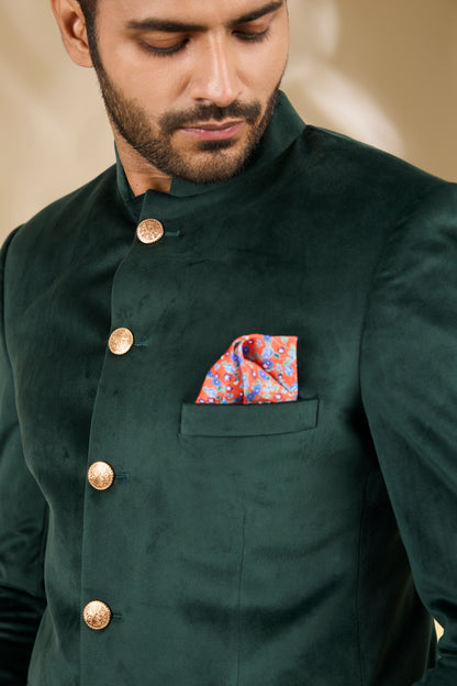 Green Velvet Bandhgala Set