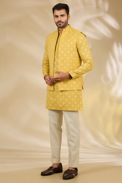 Yellow Ruby Silk Mandala Printed Bundi Jacket Set