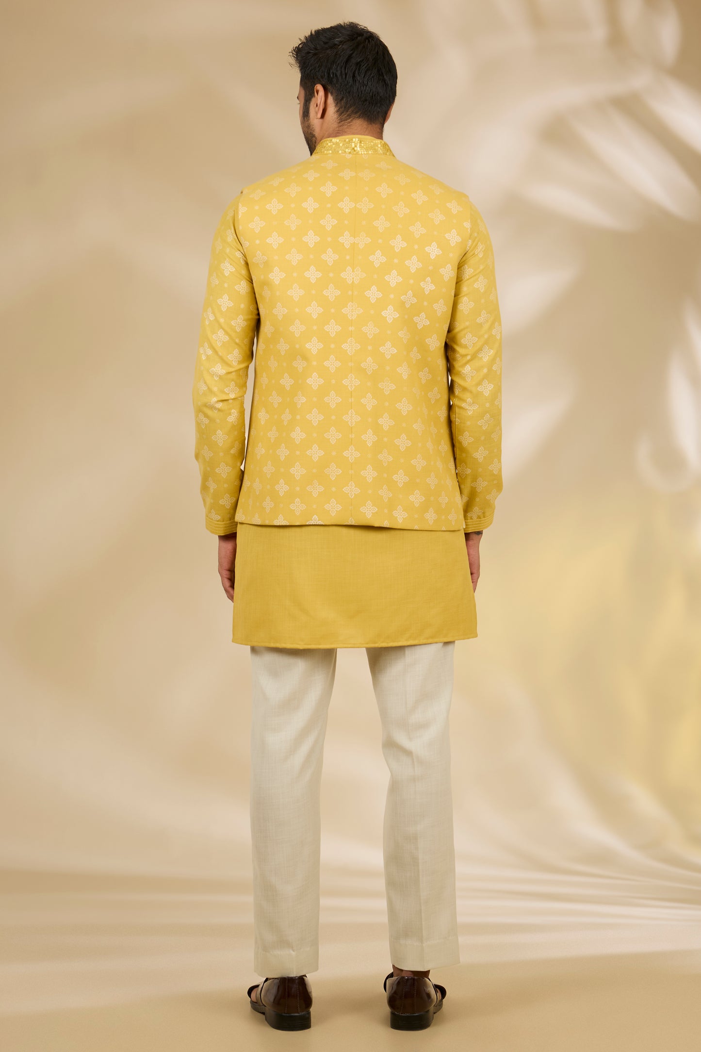 Yellow Ruby Silk Mandala Printed Bundi Jacket Set