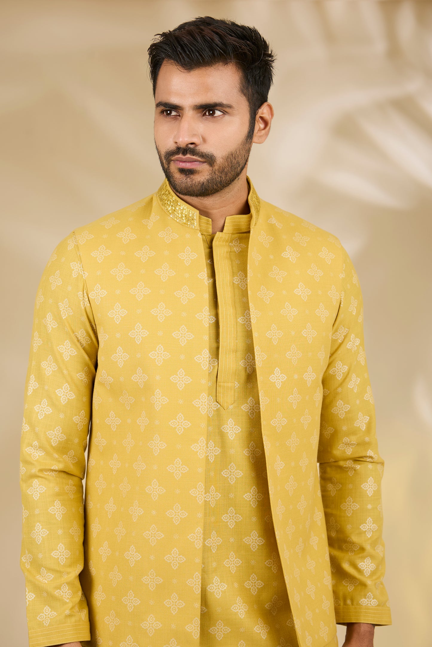 Yellow Ruby Silk Mandala Printed Bundi Jacket Set