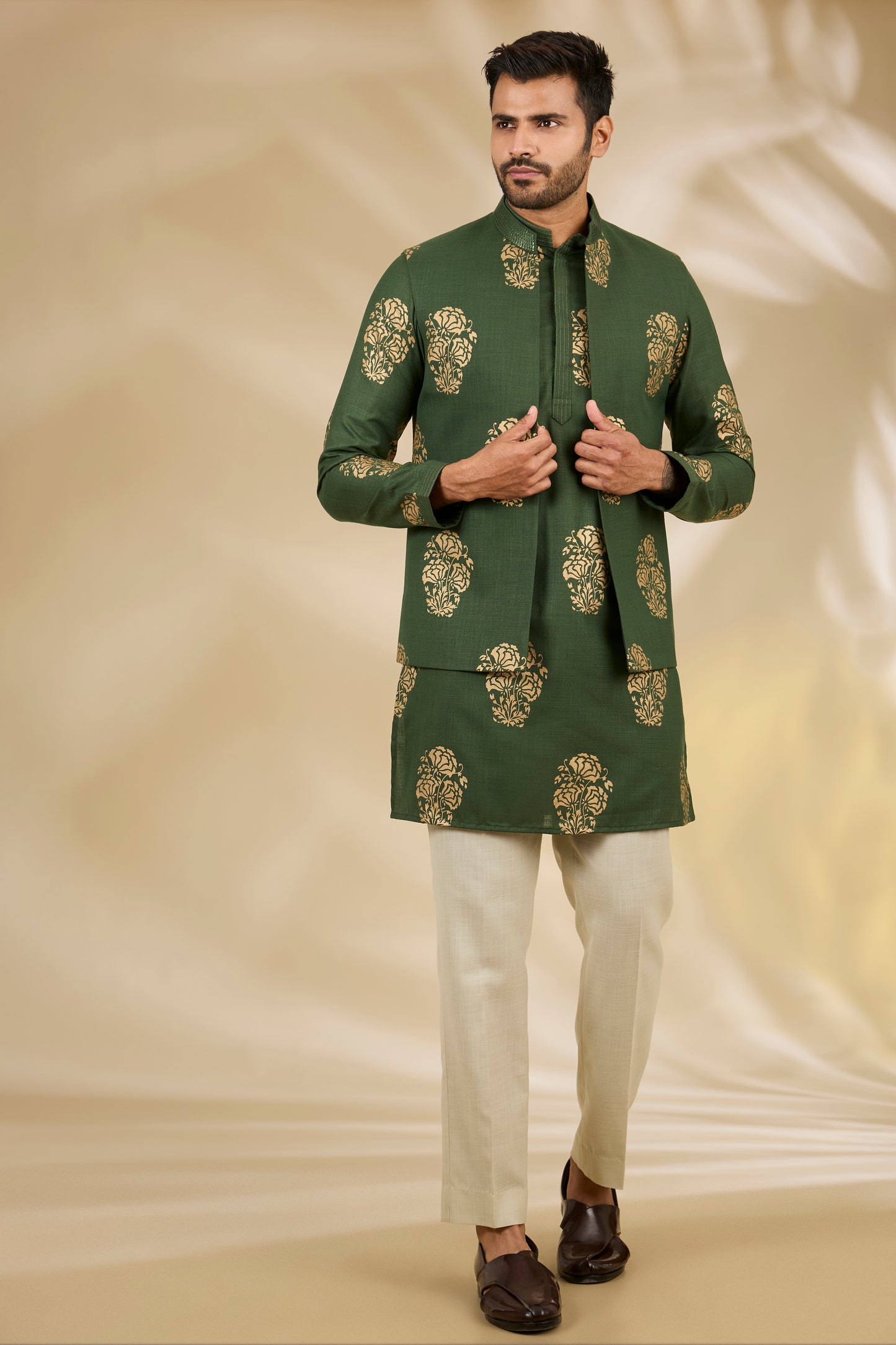 Green Silk Floral Print Bundi And Kurta Set