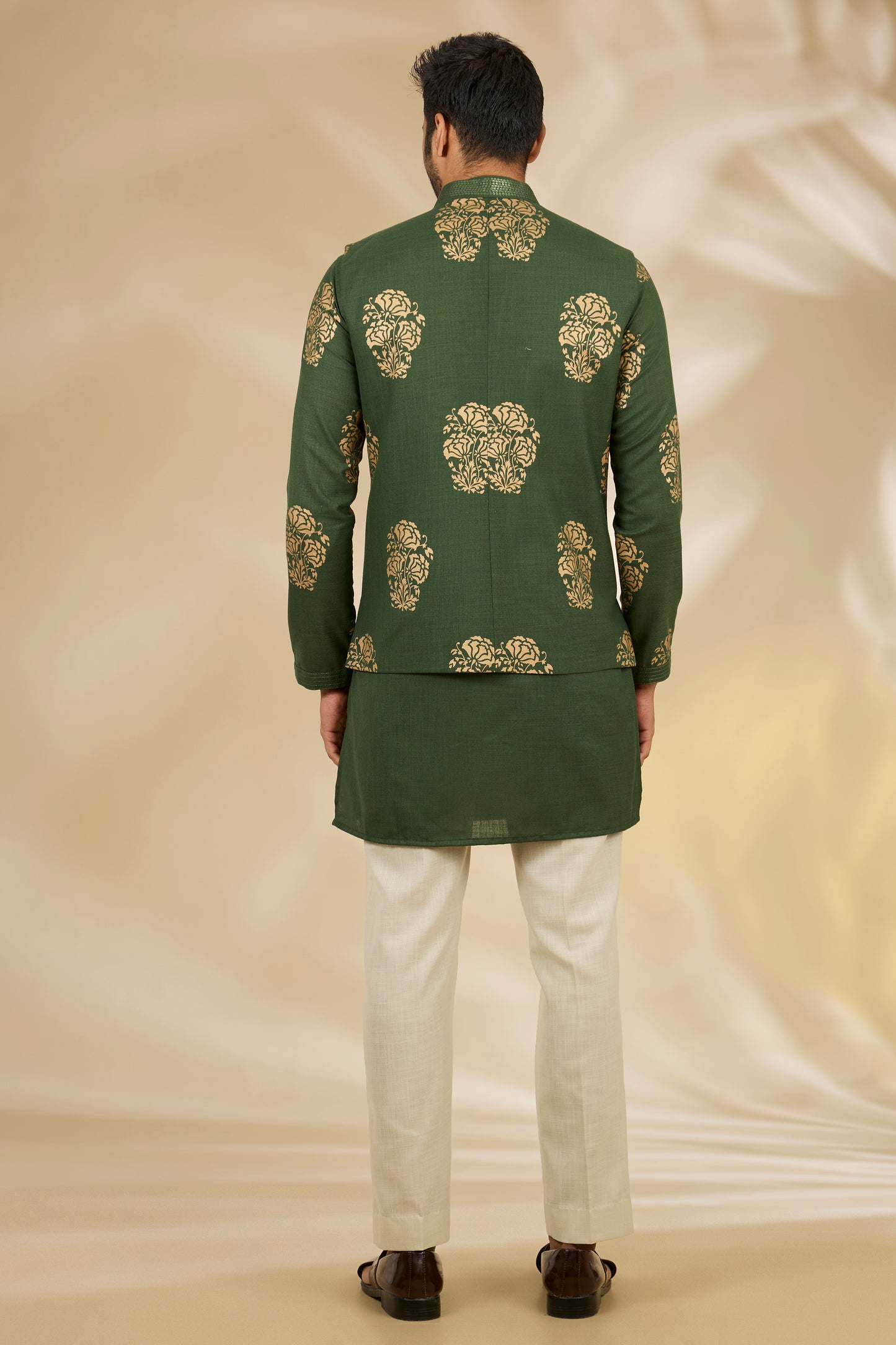 Green Silk Floral Print Bundi And Kurta Set