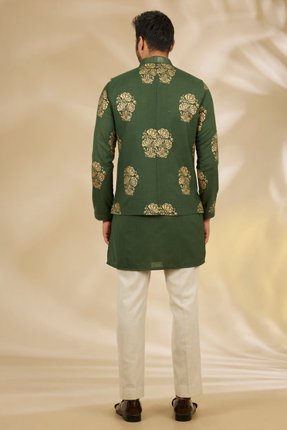 Green Silk Floral Print Bundi And Kurta Set