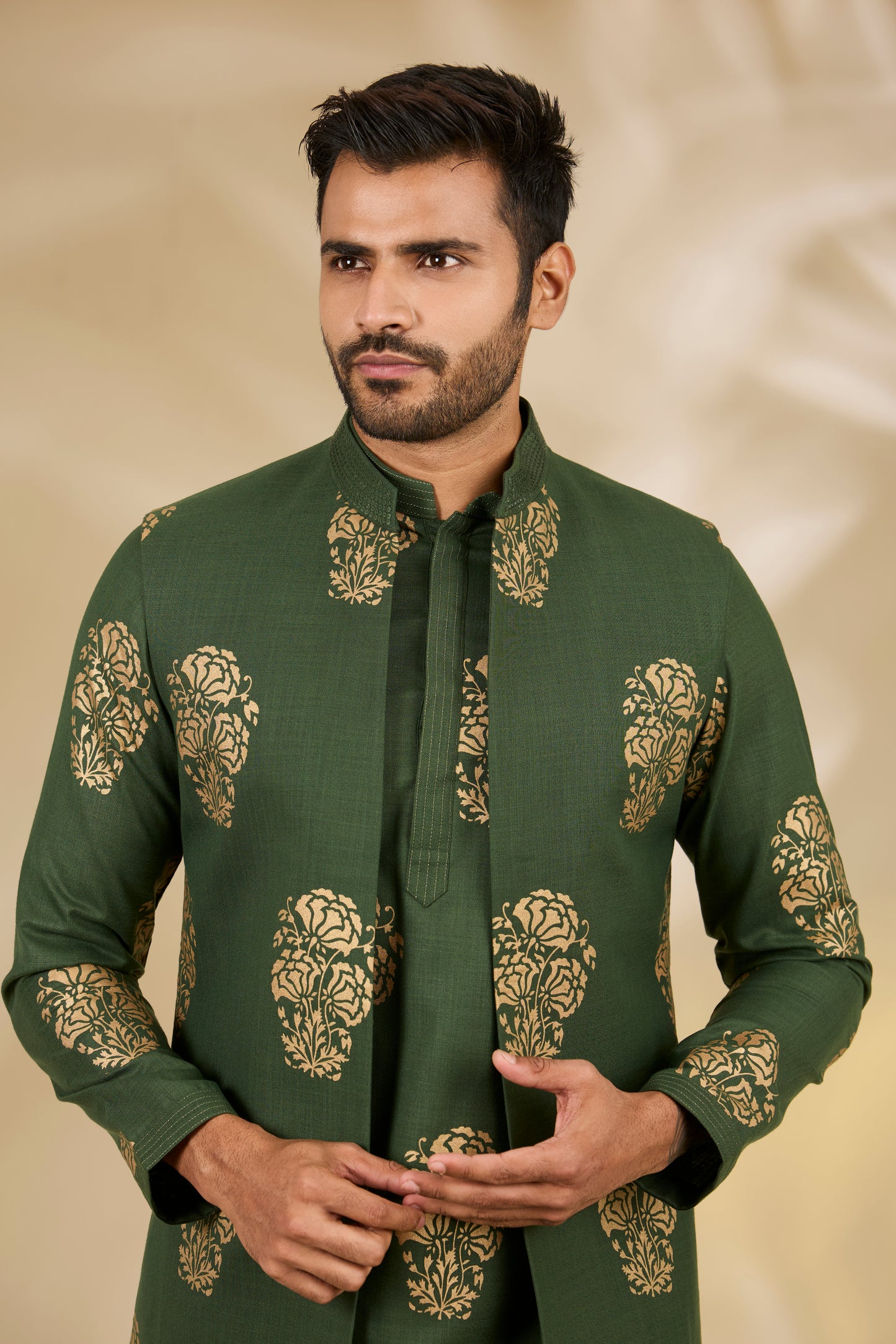 Green Silk Floral Print Bundi And Kurta Set