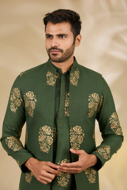 Green Silk Floral Print Bundi And Kurta Set