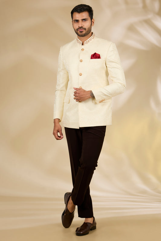 Ivory Viscose, Brocade Embroidery Placement Bandhgala Set
