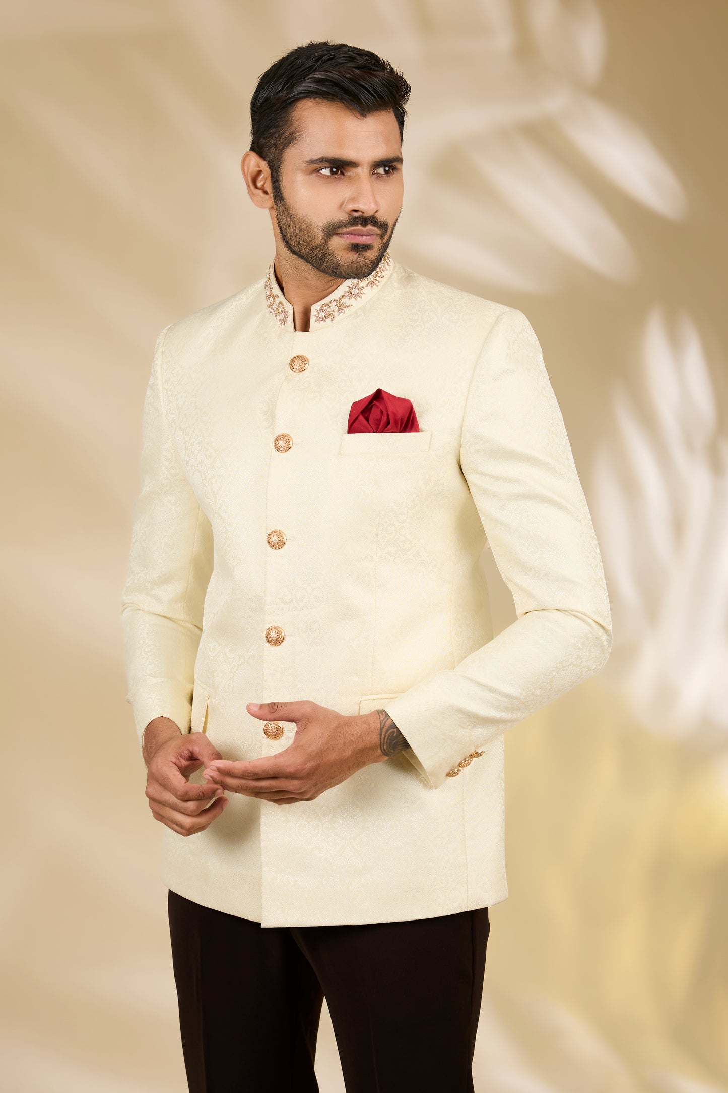 Ivory Viscose, Brocade Embroidery Placement Bandhgala Set