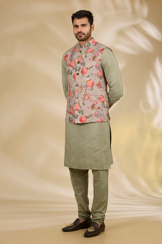 Green Silk, Cotton Printed Bundi And Kurta Set