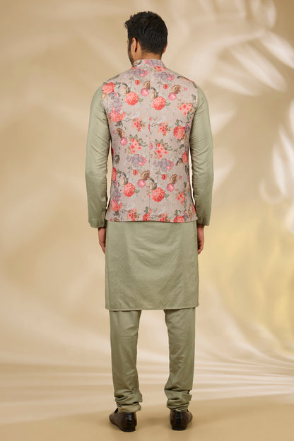 Green Silk, Cotton Printed Bundi And Kurta Set