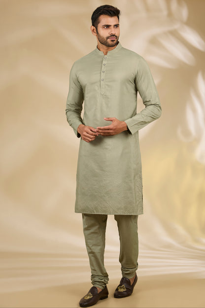 Green Silk, Cotton Printed Bundi And Kurta Set
