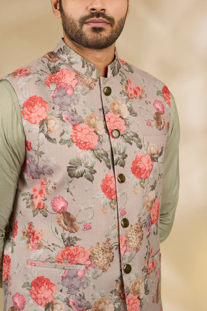 Green Silk, Cotton Printed Bundi And Kurta Set