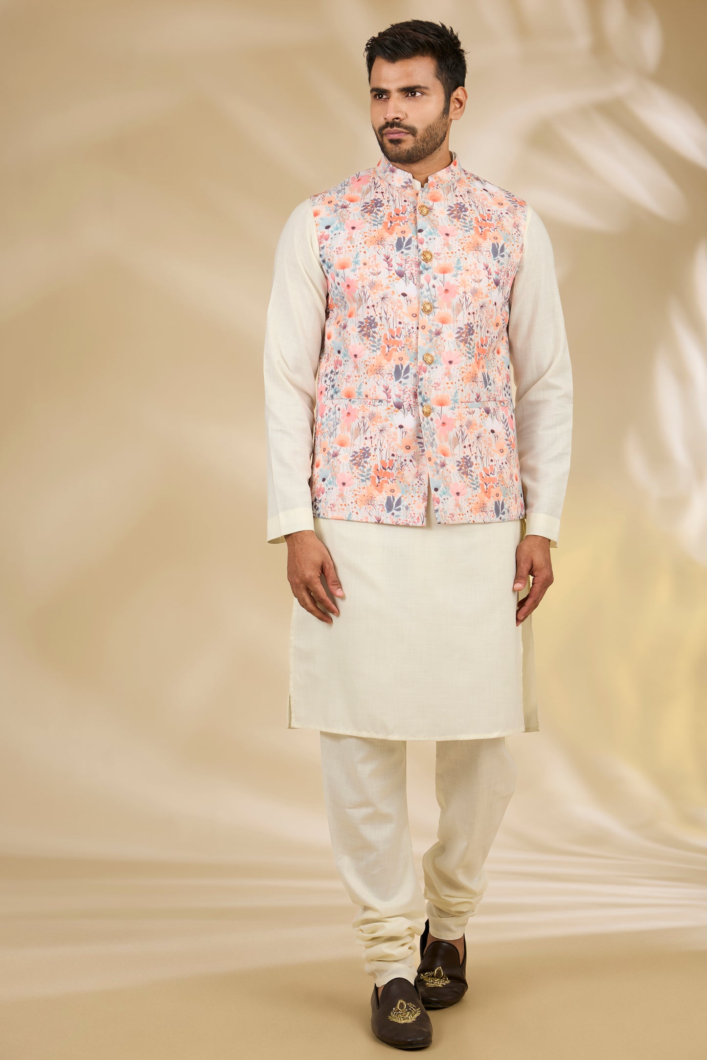 Ivory Cotton Silk Floral Printed Bundi Jacket Set