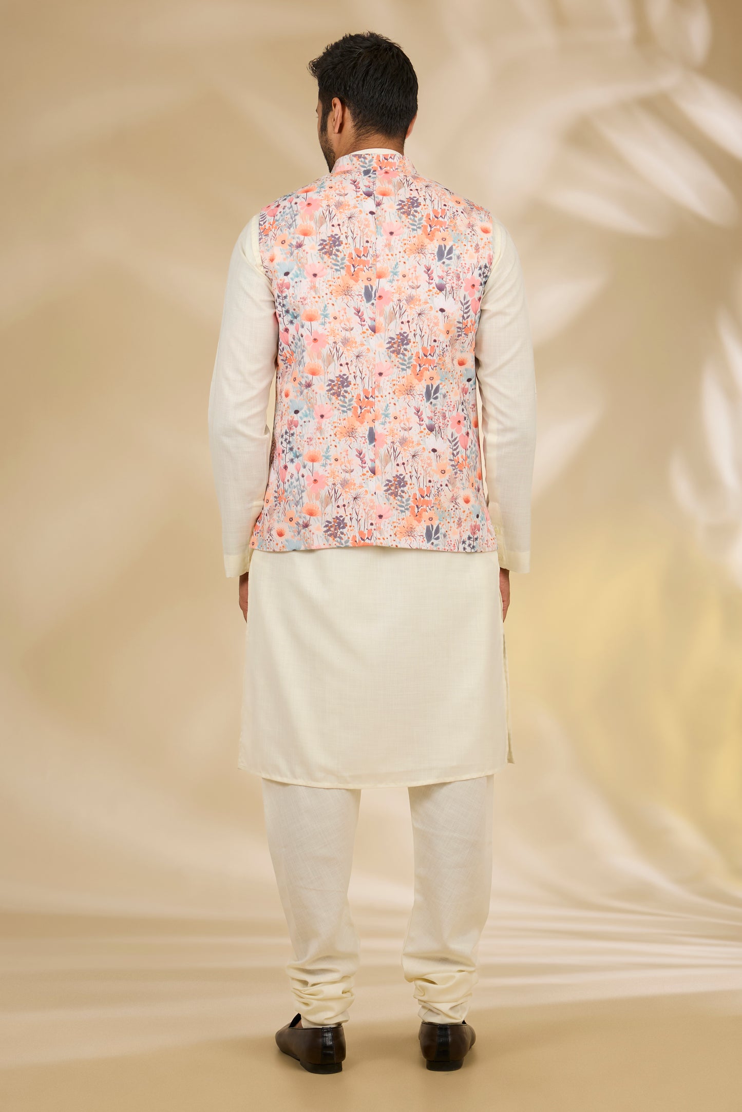 Ivory Cotton Silk Floral Printed Bundi Jacket Set