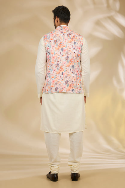 Ivory Cotton Silk Floral Printed Bundi Jacket Set
