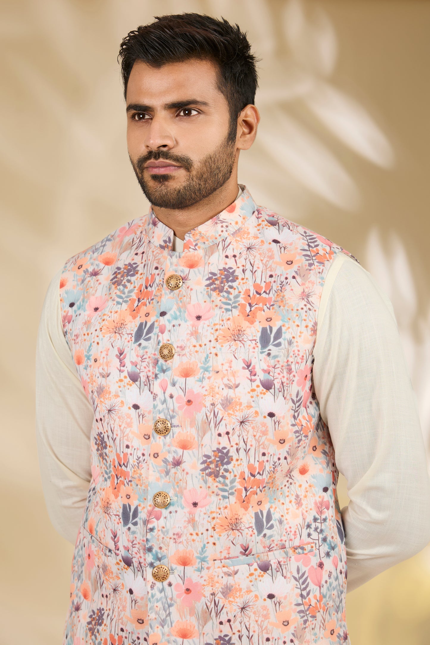 Ivory Cotton Silk Floral Printed Bundi Jacket Set