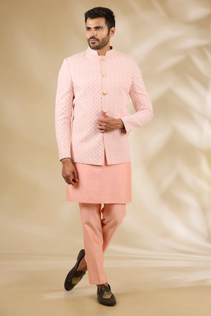 Peach Art Silk Thread Embroidered Bandhgala Set