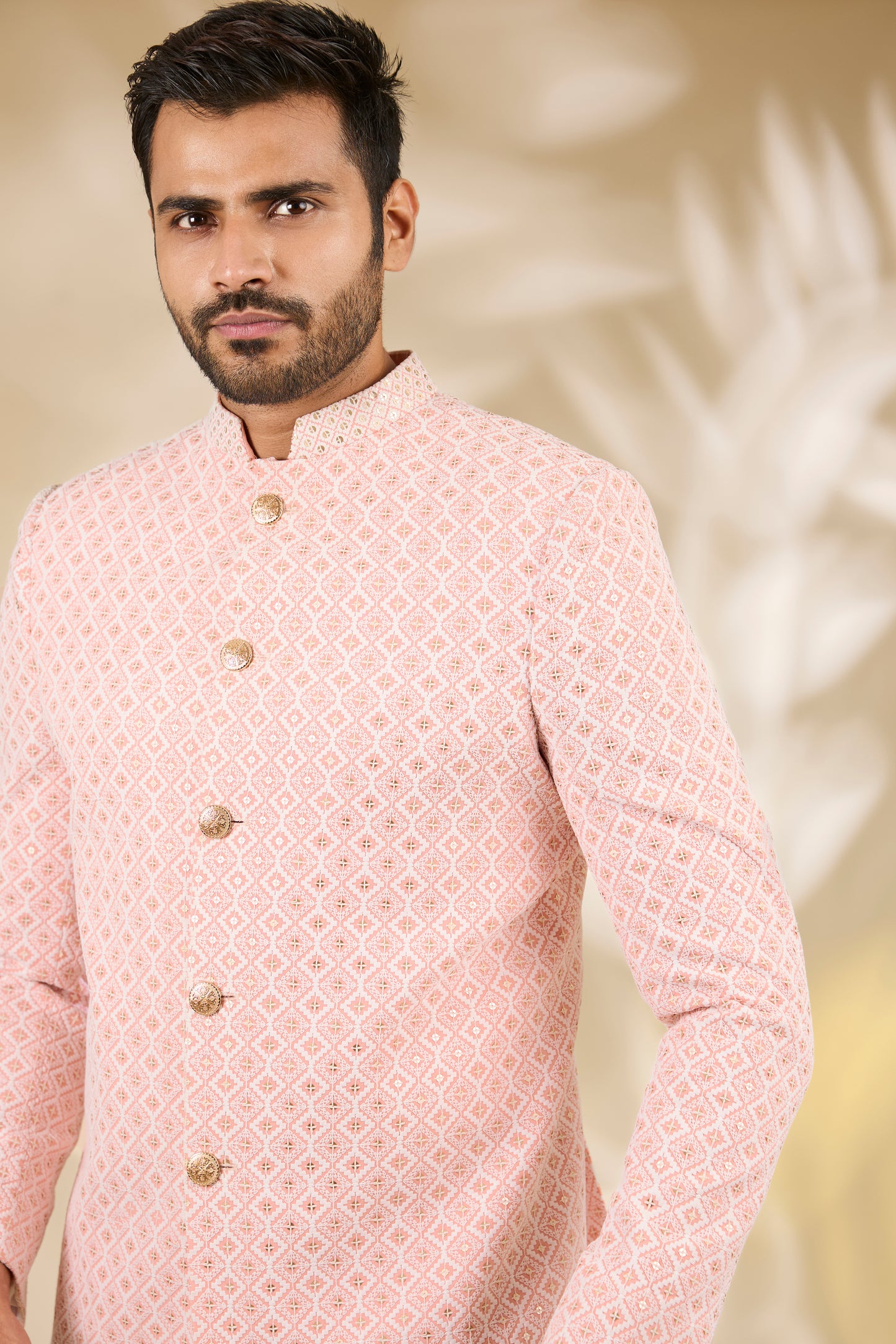 Peach Art Silk Thread Embroidered Bandhgala Set