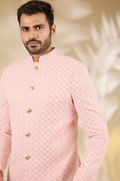 Peach Art Silk Thread Embroidered Bandhgala Set