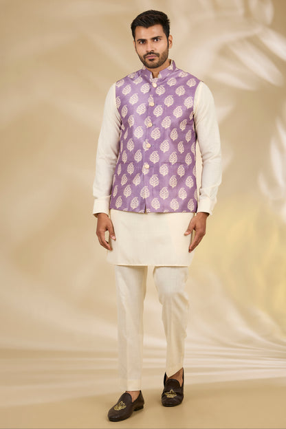 Purple Silk Paisley Print Bundi And Kurta Set