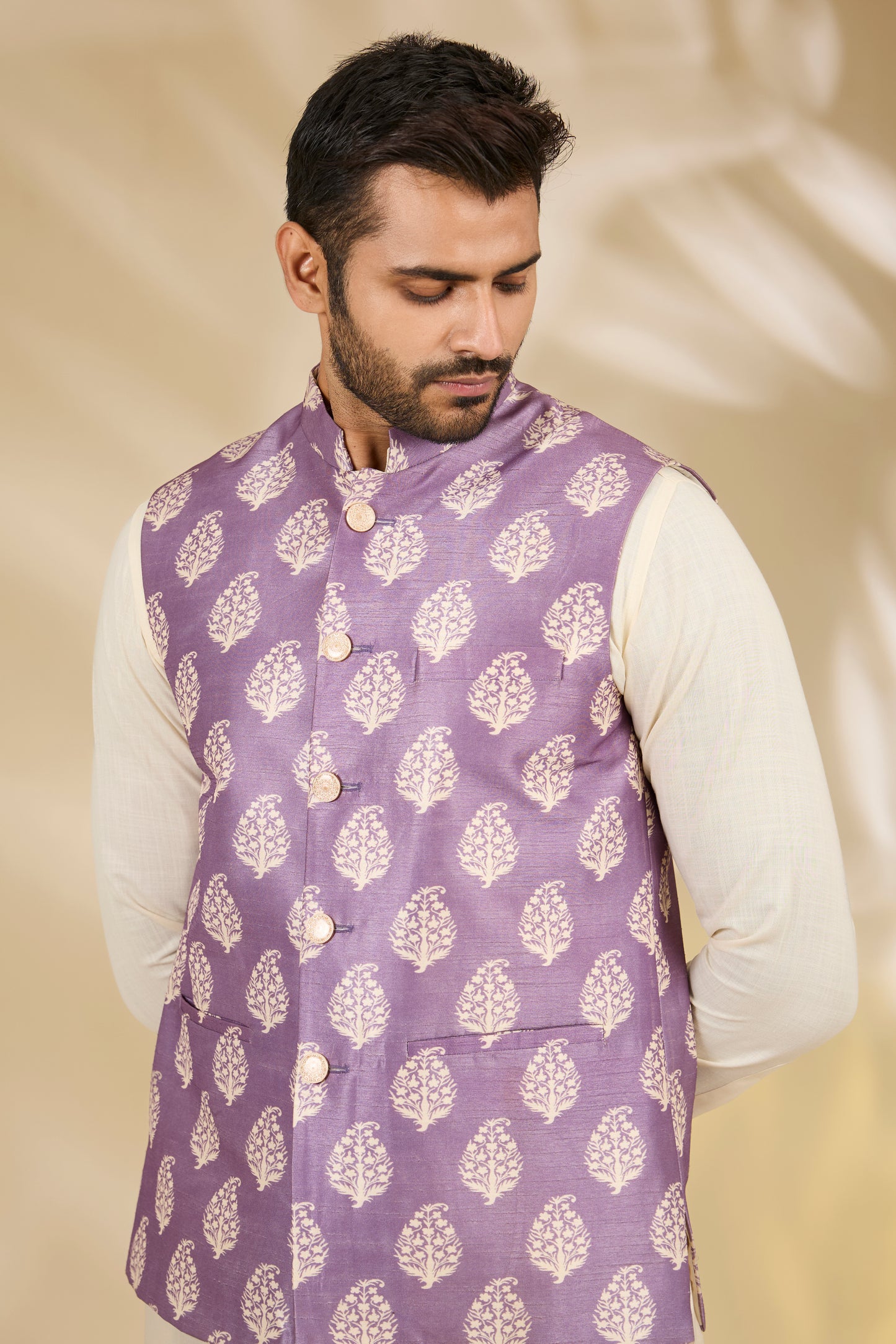 Purple Silk Paisley Print Bundi And Kurta Set