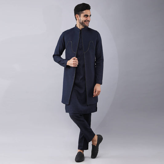 Navy Blue Longline Bundi Jacket Set