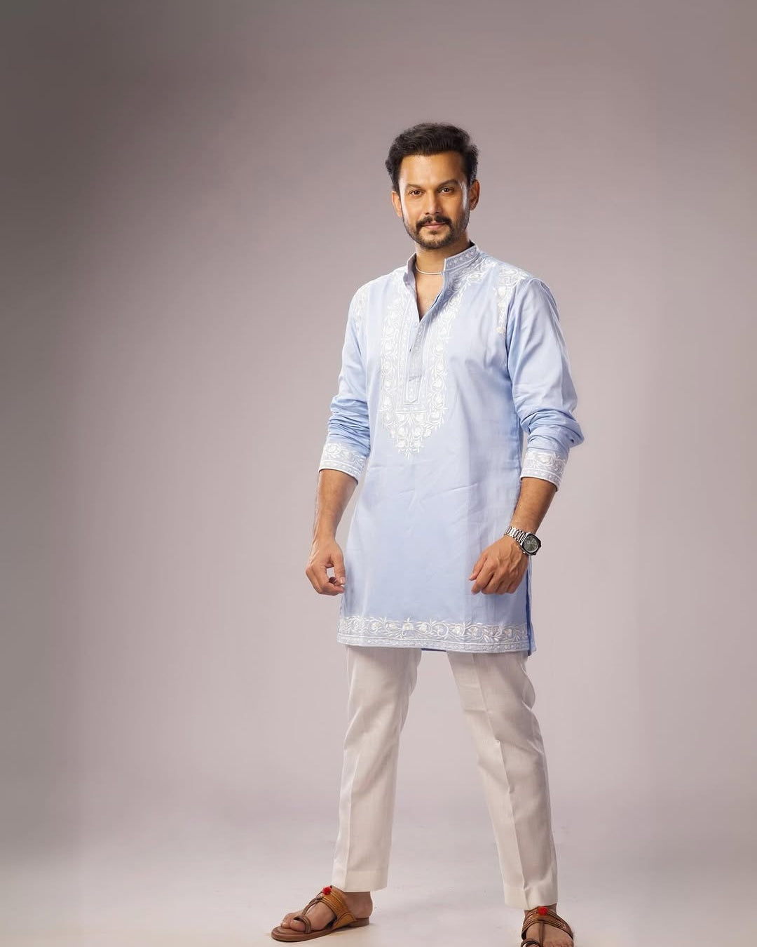 Blue Cotton Embroidery Powder Kurta Set