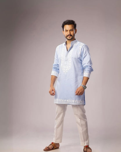 Blue Cotton Embroidery Powder Kurta Set