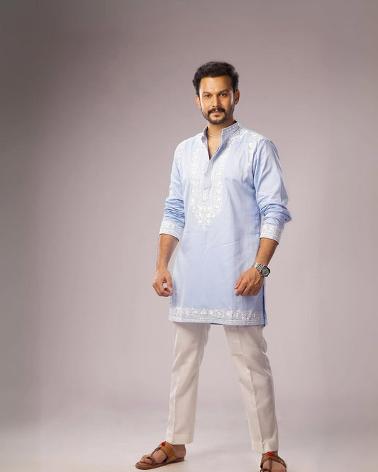 Blue Cotton Embroidery Powder Kurta Set