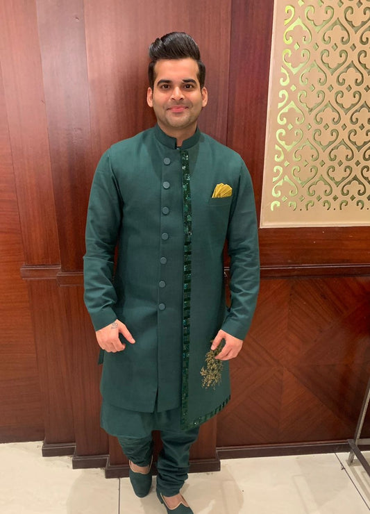 Green Cotton, Silk Embroidery, Applique Hand Bandhgala With Kurta Set