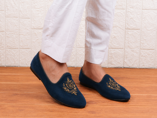 Blue Velvet Embroidered Ethnic Footwear
